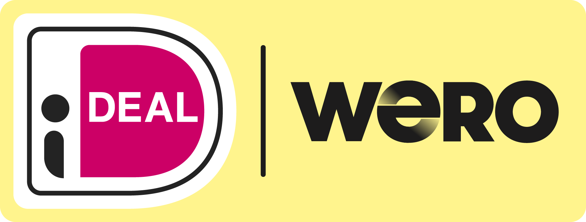 The logo for iDEAL, a white and magenta 'iDEAL' graphic inside a rounded black outline, displayed next to the Wero logo. The logos are separated by a thin vertical black line and placed against a light yellow background.